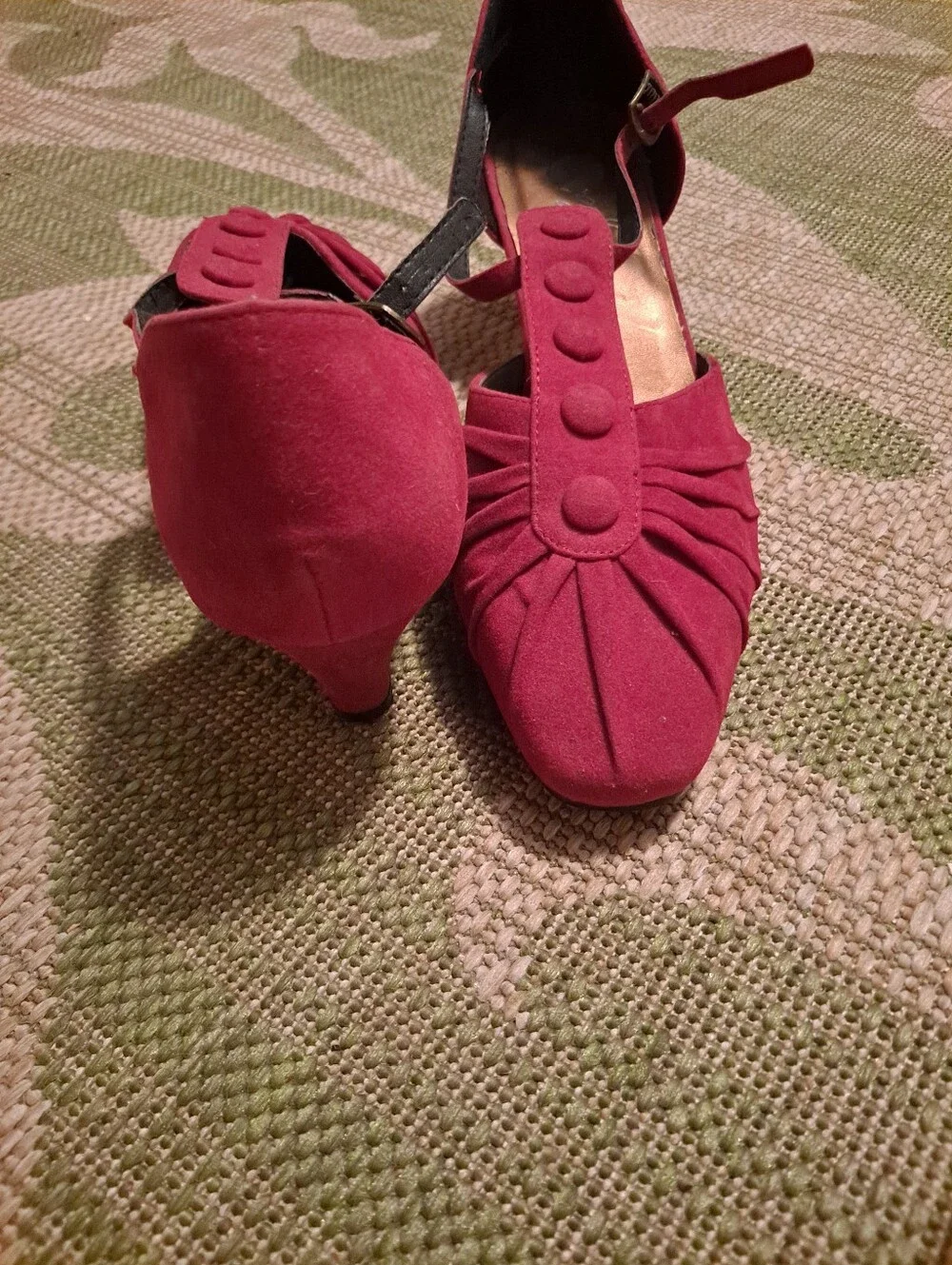 Red Suede T-Strap Heels with Pleated Front and Button Detail